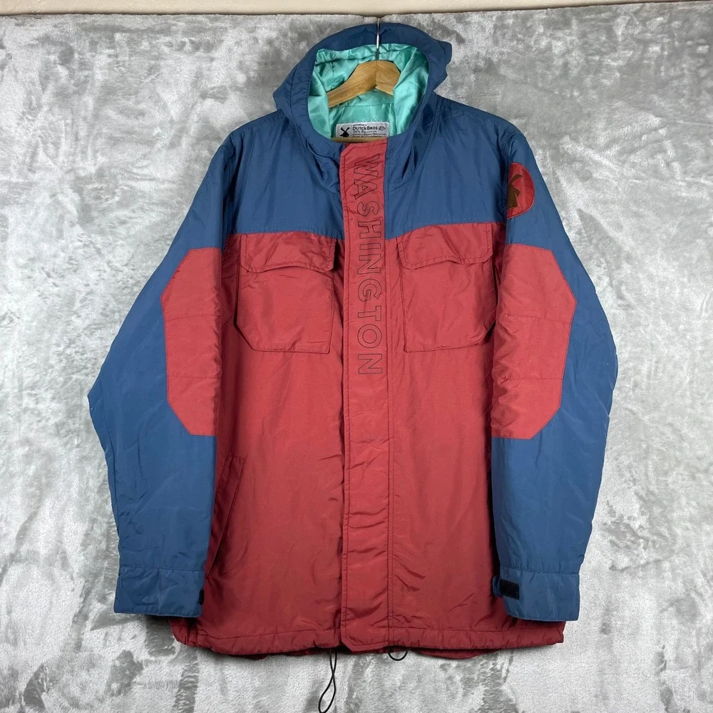 Dutch Bros Puffer Jacket Men Large Red Blue Washington Hooded Full Zip